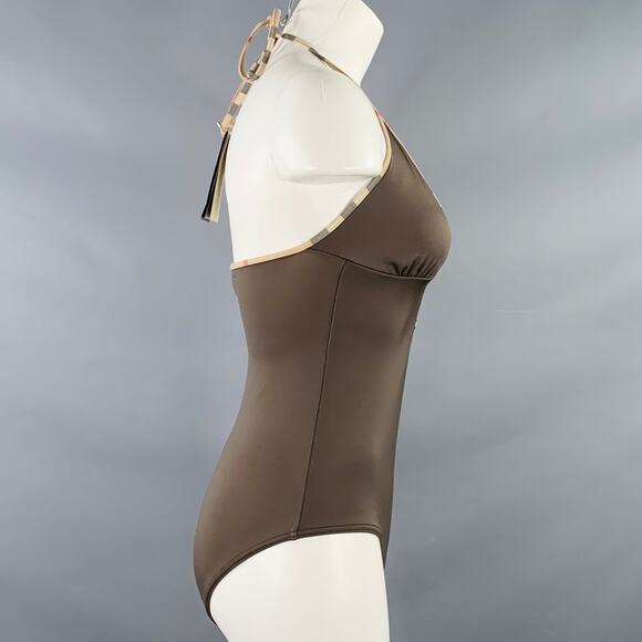 BURBERRY BRIT Size S Brown Beige Polyamide Blend Contrast Trim Swimsuit - Picture 2 of 8